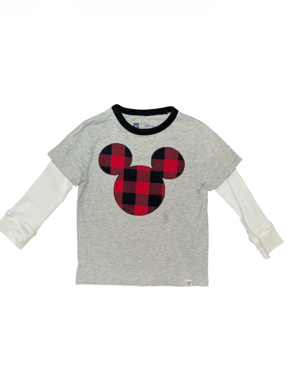 GAP Kids DISNEY Grey Long-Sleeve Tee with Red Buffalo Plaid Mickey Print